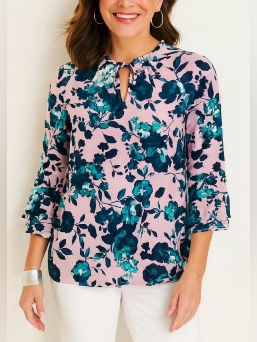 J Jill Beautiful Blooms Blouse 100% Rayon, Size LP